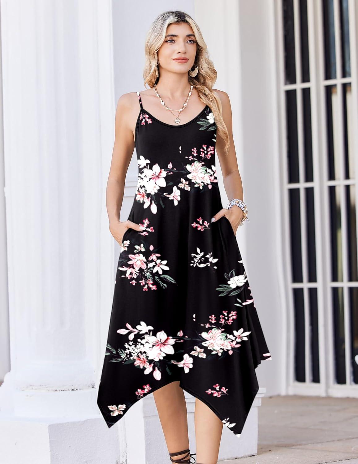 imageZeagoo Women Summer Midi Dresses 2026 Hawaiian Bohemian Beach Cover Up Sundress Spaghetti Strap Casual Dress with PocketsFloral Black
