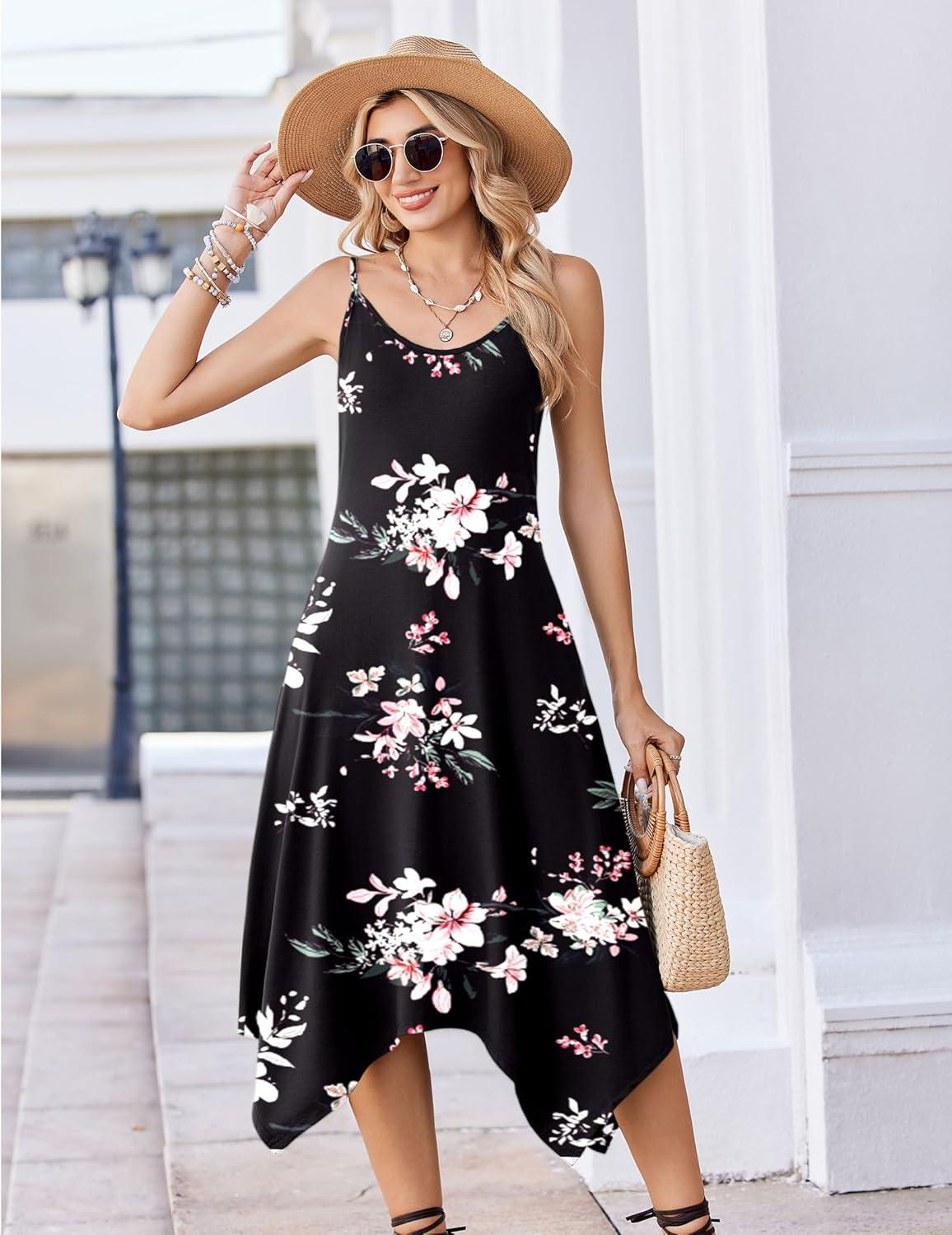 imageZeagoo Women Summer Midi Dresses 2026 Hawaiian Bohemian Beach Cover Up Sundress Spaghetti Strap Casual Dress with PocketsFloral Black