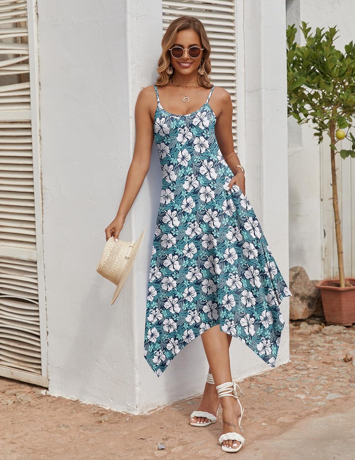 imageZeagoo Women Summer Midi Dresses 2026 Hawaiian Bohemian Beach Cover Up Sundress Spaghetti Strap Casual Dress with PocketsFloral Blue