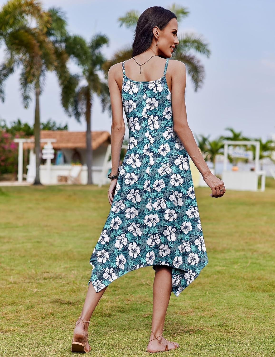 imageZeagoo Women Summer Midi Dresses 2026 Hawaiian Bohemian Beach Cover Up Sundress Spaghetti Strap Casual Dress with PocketsFloral Blue