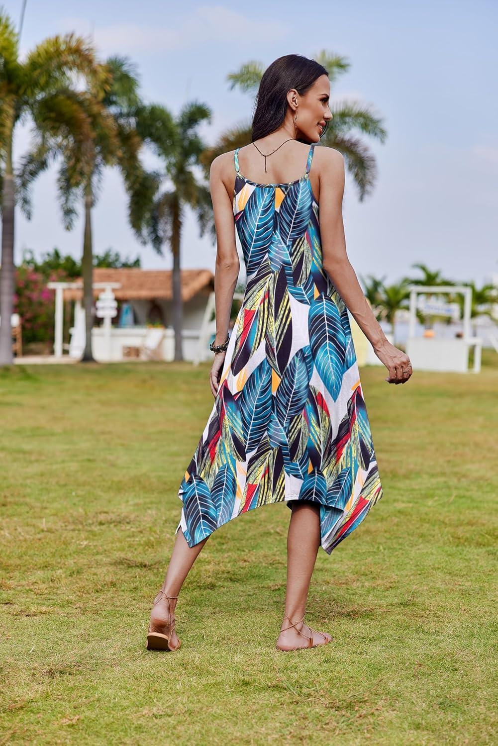 imageZeagoo Women Summer Midi Dresses 2026 Hawaiian Bohemian Beach Cover Up Sundress Spaghetti Strap Casual Dress with PocketsGreen Leaf