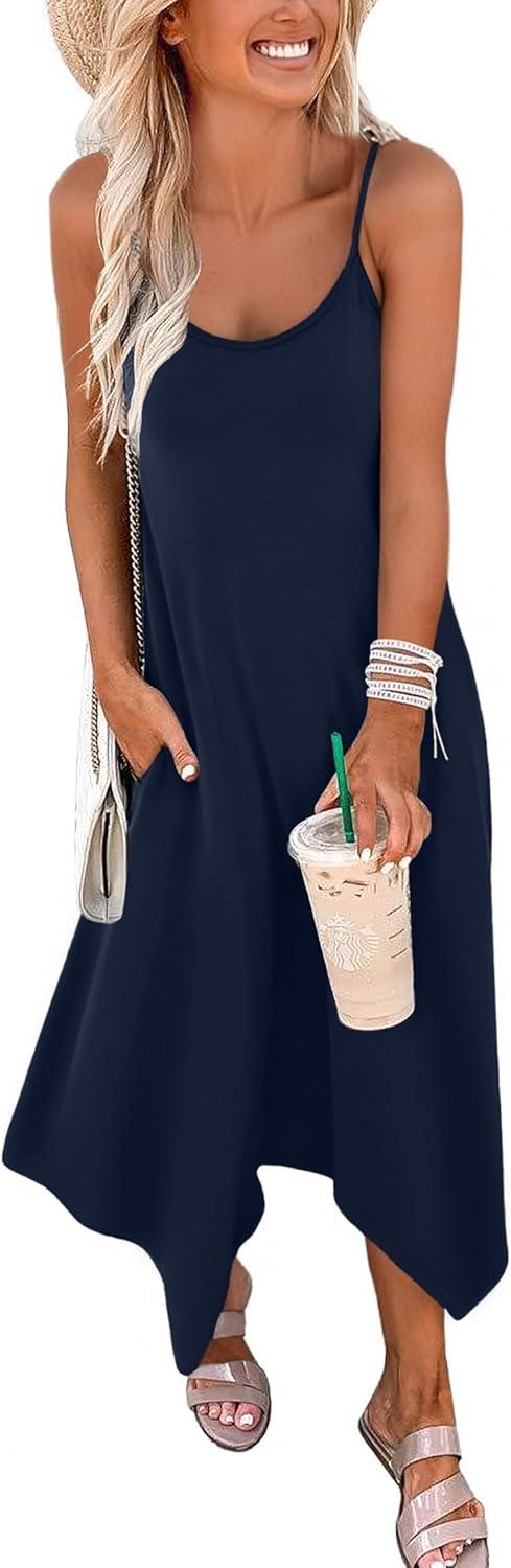 imageZeagoo Women Summer Midi Dresses 2026 Hawaiian Bohemian Beach Cover Up Sundress Spaghetti Strap Casual Dress with PocketsNavy Blue