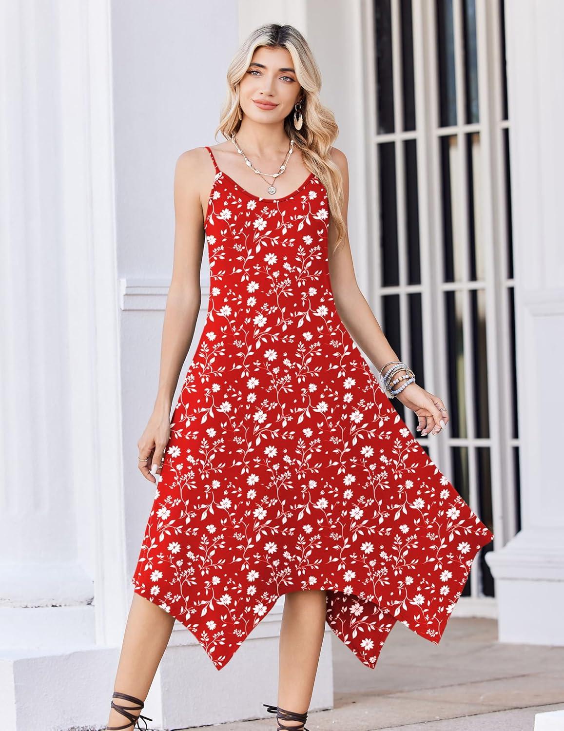 imageZeagoo Women Summer Midi Dresses 2026 Hawaiian Bohemian Beach Cover Up Sundress Spaghetti Strap Casual Dress with PocketsRed White Flowers