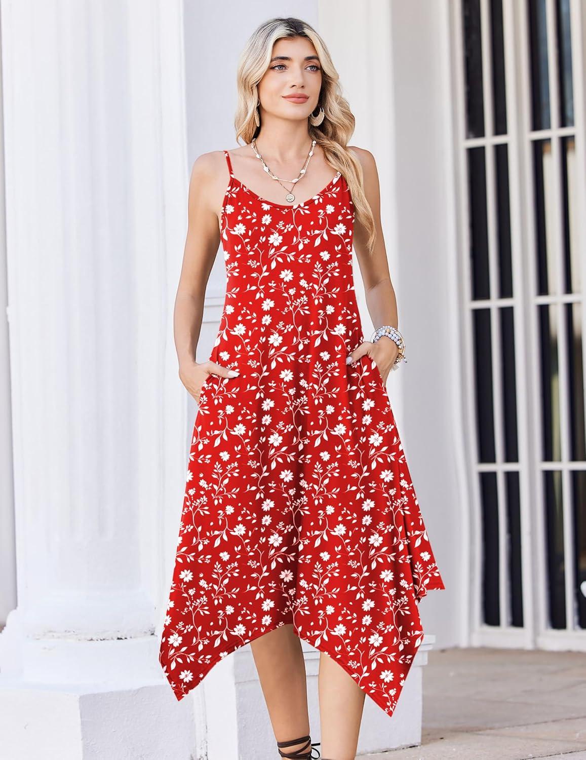 imageZeagoo Women Summer Midi Dresses 2026 Hawaiian Bohemian Beach Cover Up Sundress Spaghetti Strap Casual Dress with PocketsRed White Flowers
