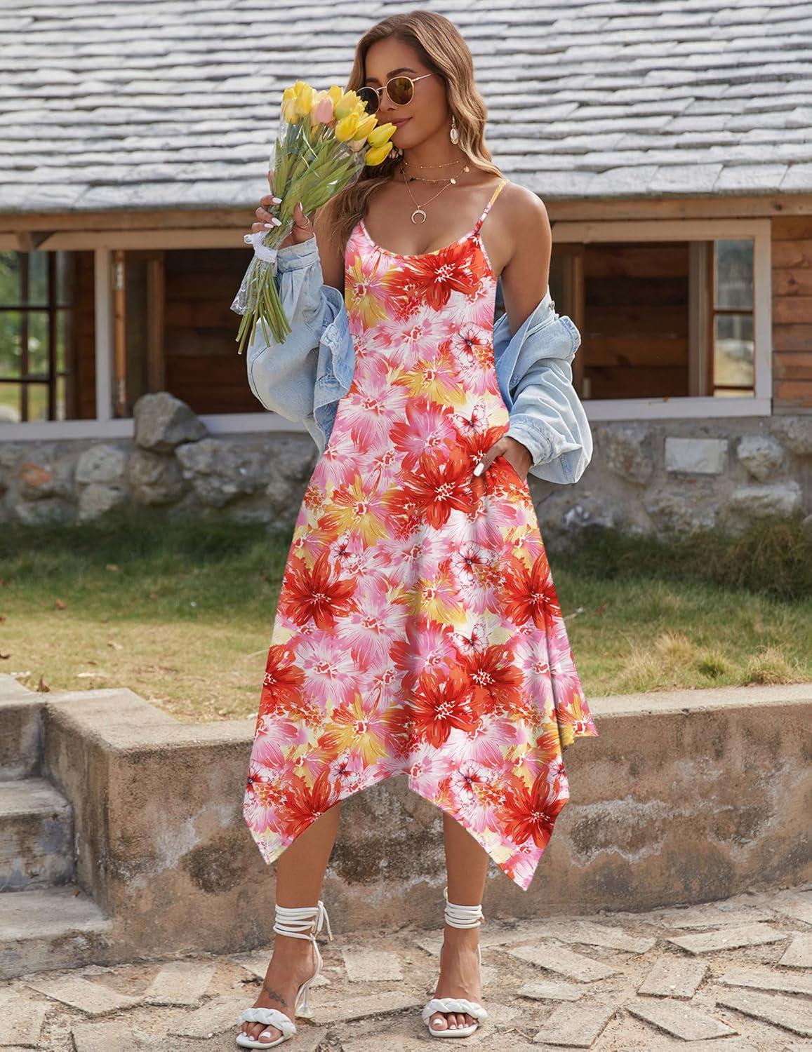 imageZeagoo Women Summer Midi Dresses 2026 Hawaiian Bohemian Beach Cover Up Sundress Spaghetti Strap Casual Dress with PocketsRed Yellow
