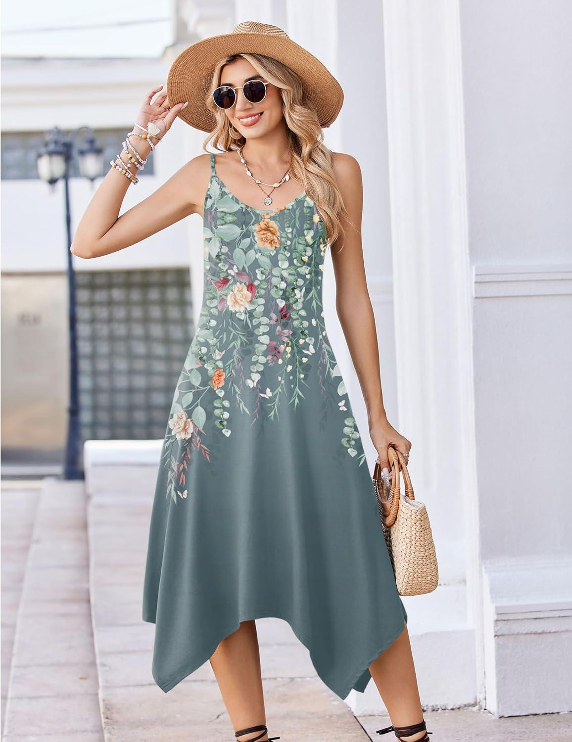 imageZeagoo Women Summer Midi Dresses 2026 Hawaiian Bohemian Beach Cover Up Sundress Spaghetti Strap Casual Dress with PocketsWatercolor