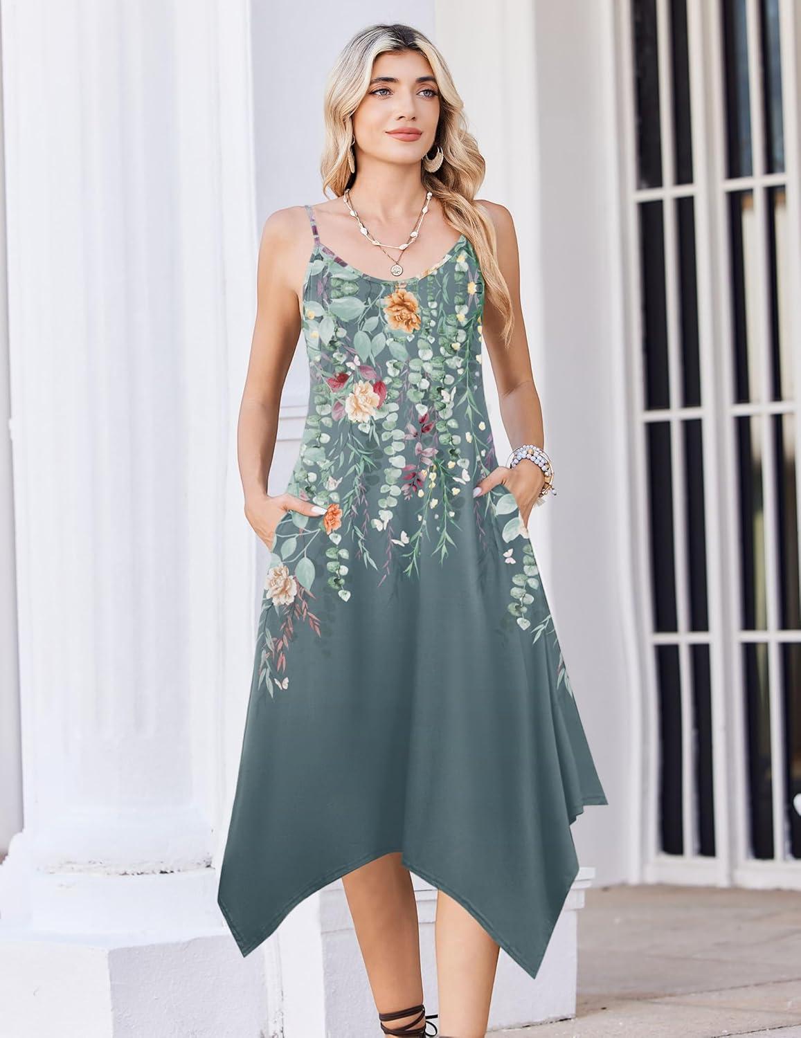 imageZeagoo Women Summer Midi Dresses 2026 Hawaiian Bohemian Beach Cover Up Sundress Spaghetti Strap Casual Dress with PocketsWatercolor