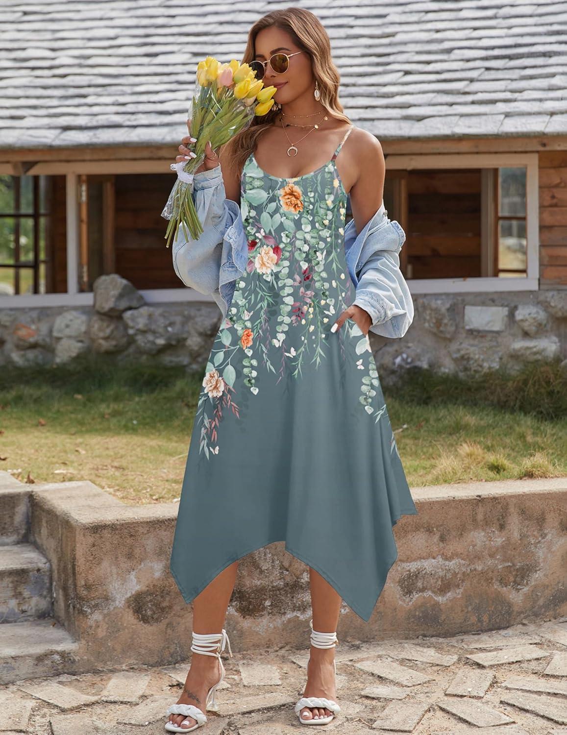 imageZeagoo Women Summer Midi Dresses 2026 Hawaiian Bohemian Beach Cover Up Sundress Spaghetti Strap Casual Dress with PocketsWatercolor