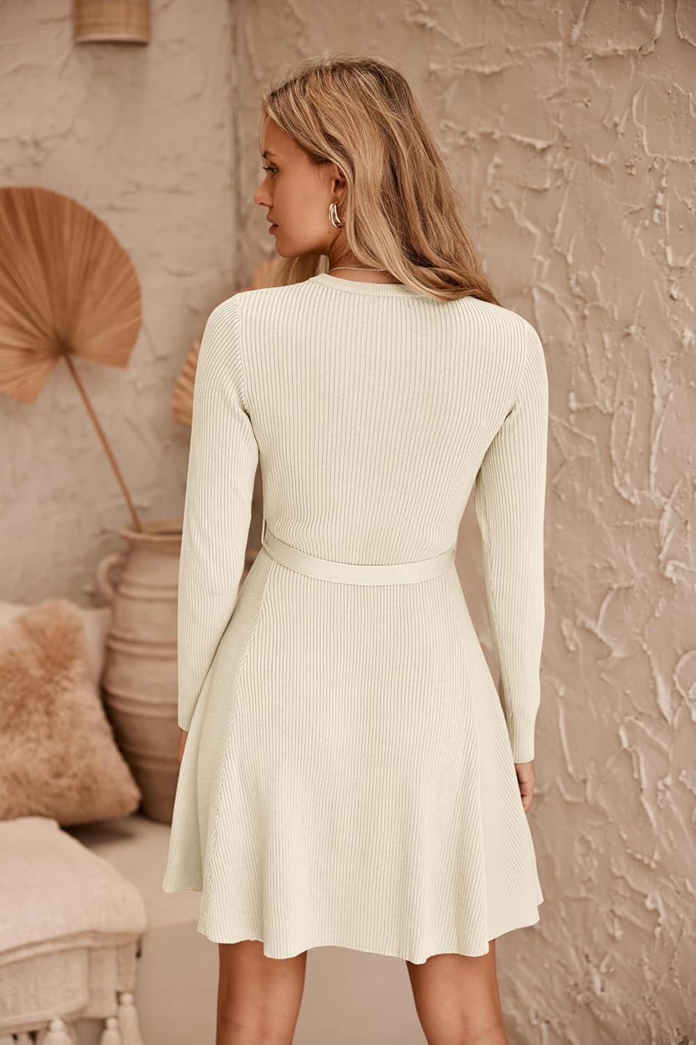 imageZeagoo Womens 2024 Casual Dress Crewneck Tie Waist Fall Ribbed Dress with Belt Long Sleeve A Line Flowy Sweater DressApricot