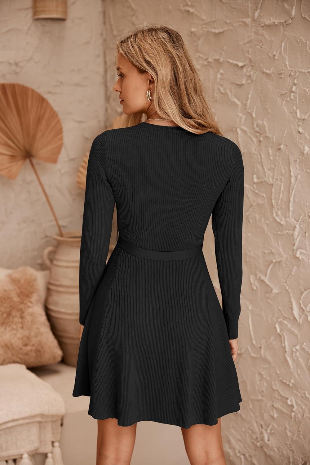 imageZeagoo Womens 2024 Casual Dress Crewneck Tie Waist Fall Ribbed Dress with Belt Long Sleeve A Line Flowy Sweater DressBlack