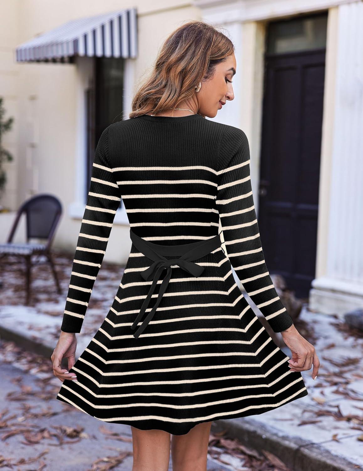 imageZeagoo Womens 2024 Casual Dress Crewneck Tie Waist Fall Ribbed Dress with Belt Long Sleeve A Line Flowy Sweater DressBlack and Khaki