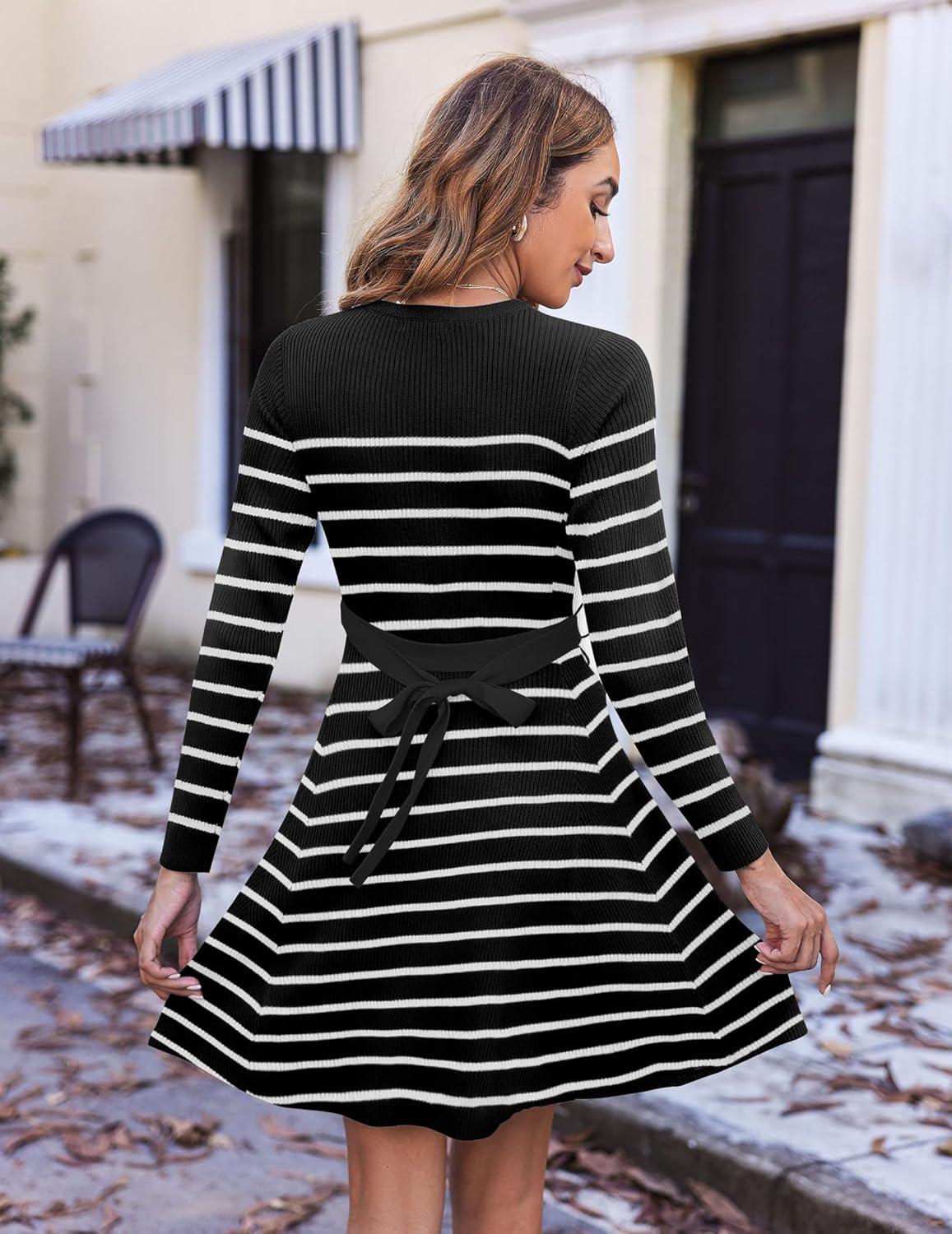 imageZeagoo Womens 2024 Casual Dress Crewneck Tie Waist Fall Ribbed Dress with Belt Long Sleeve A Line Flowy Sweater DressStriped Black White