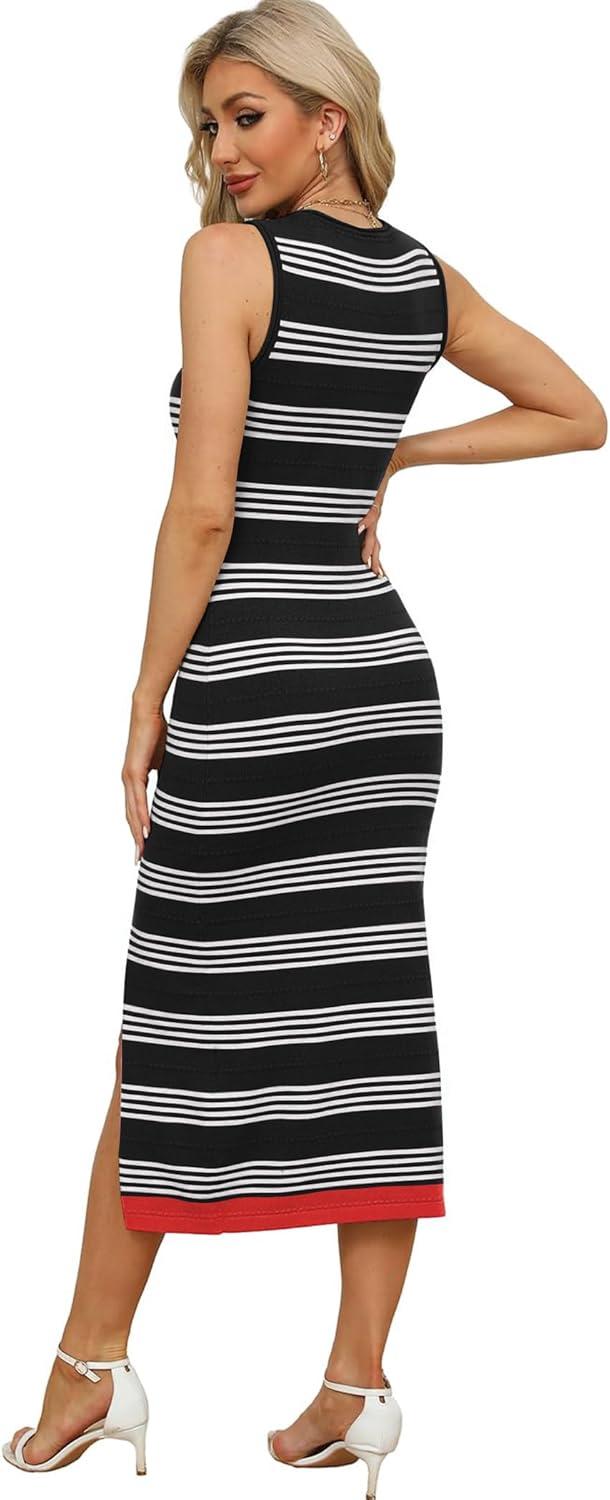 imageZeagoo Womens Bodycon Midi Dresses Summer Casual Sleeveless Dress Women Knit Side Slit Striped 2025 Long Tank DressBlackwhite