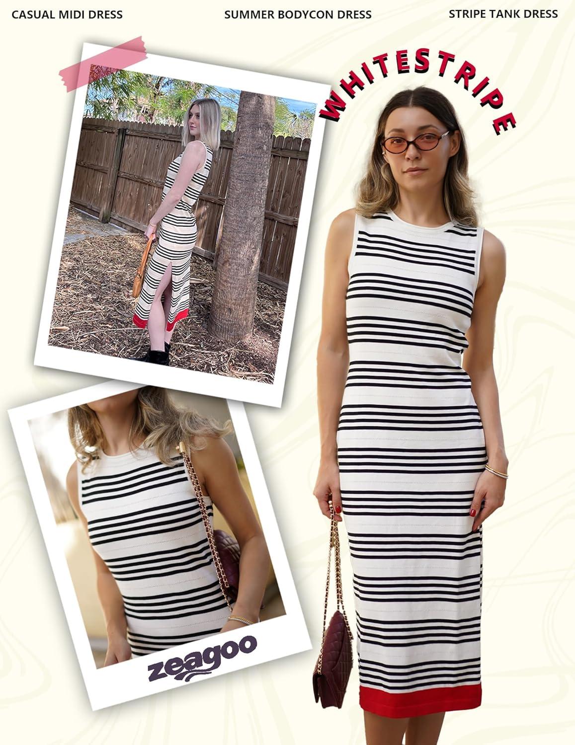 imageZeagoo Womens Bodycon Midi Dresses Summer Casual Sleeveless Dress Women Knit Side Slit Striped 2025 Long Tank DressWhiteblack