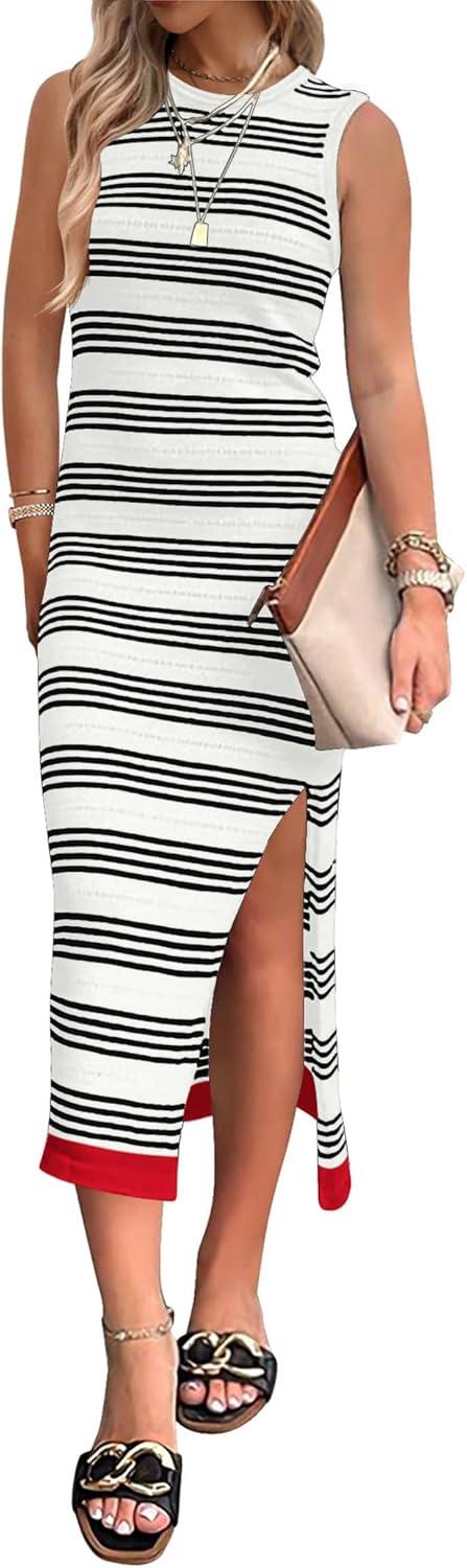 imageZeagoo Womens Bodycon Midi Dresses Summer Casual Sleeveless Dress Women Knit Side Slit Striped 2025 Long Tank DressWhiteblack