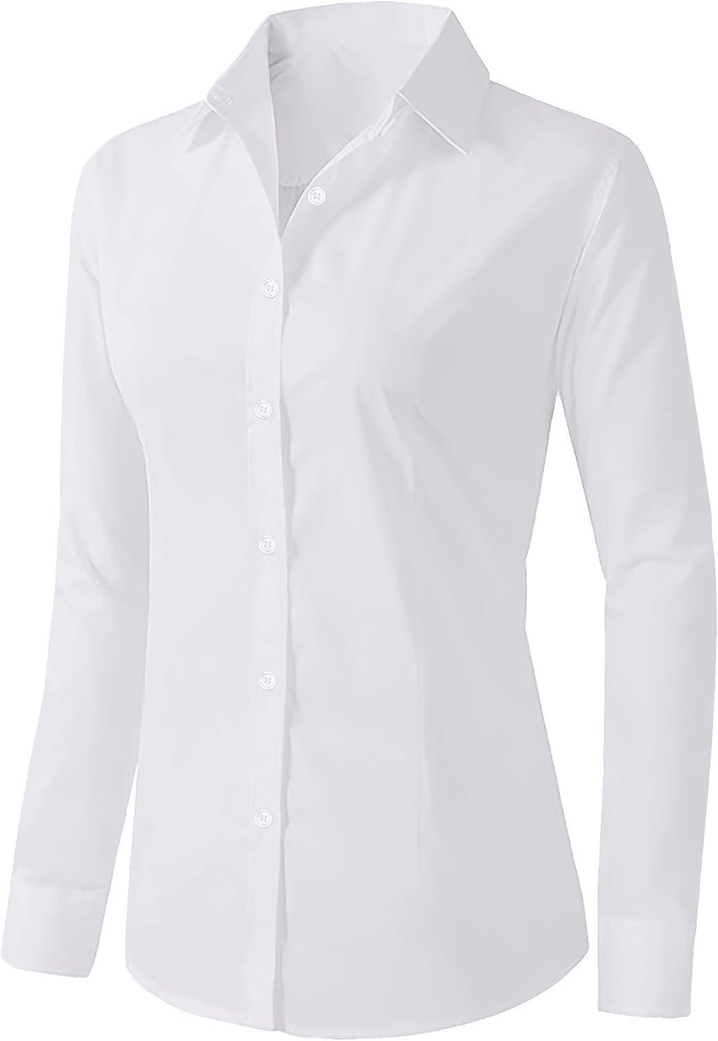 imageZeagoo Womens Button Down Shirts Long Sleeve V Neck Tops Wrinkle Free Collared Work Office Solid Blouses Corset TopsWhite