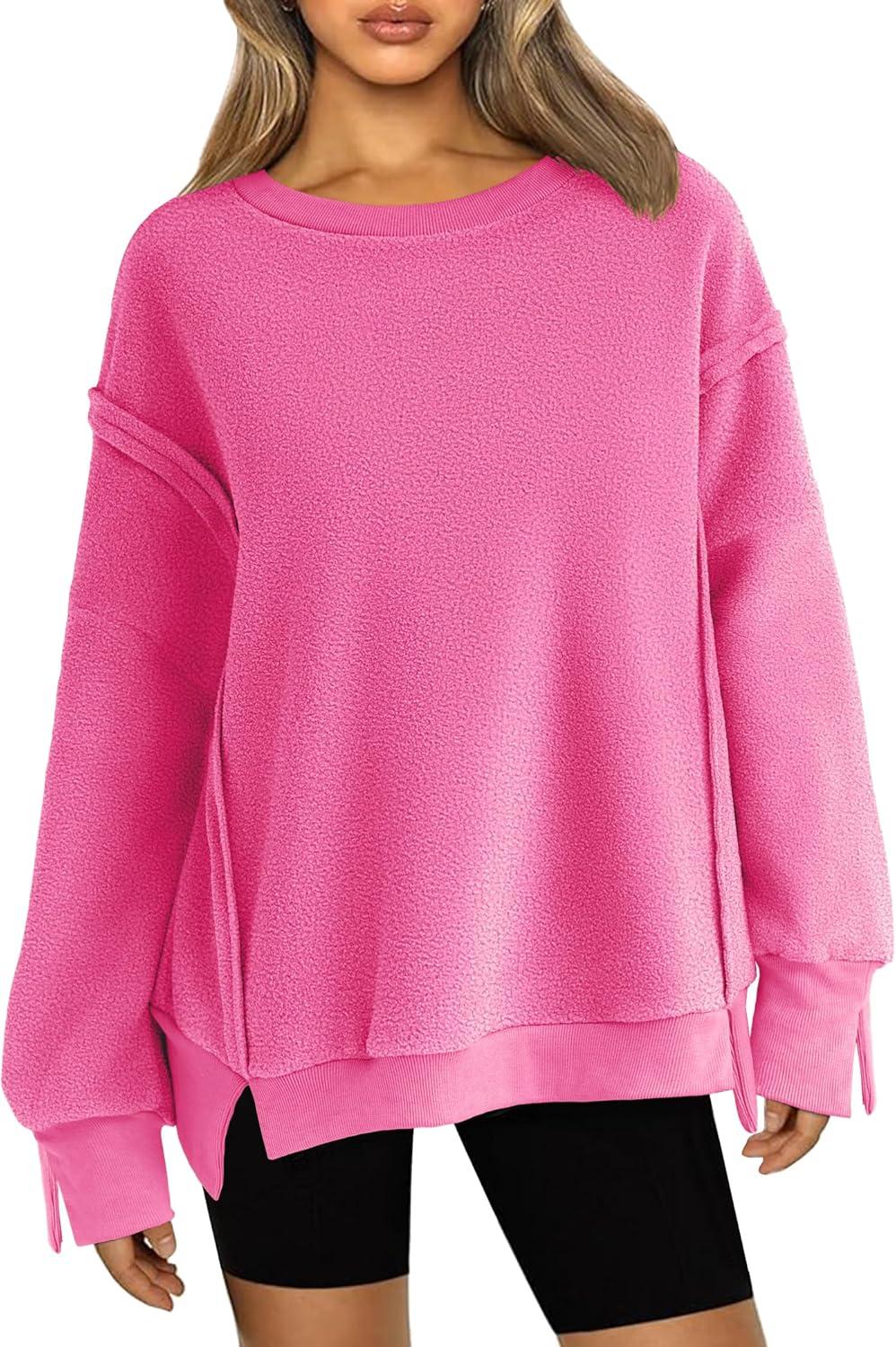imageZeagoo Womens Casual Sweatshirts Crewneck Long Sleeve Fuzzy Fleece Jackets Side Slit Midweight Pullover Fall Fashion 202501hot Pink