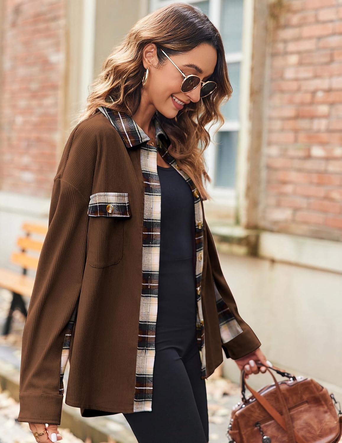imageZeagoo Womens Corduroy Flannel Shacket Jacket Casual Plaid Button Down Shirts Long Sleeve Fall Tops with Pockets