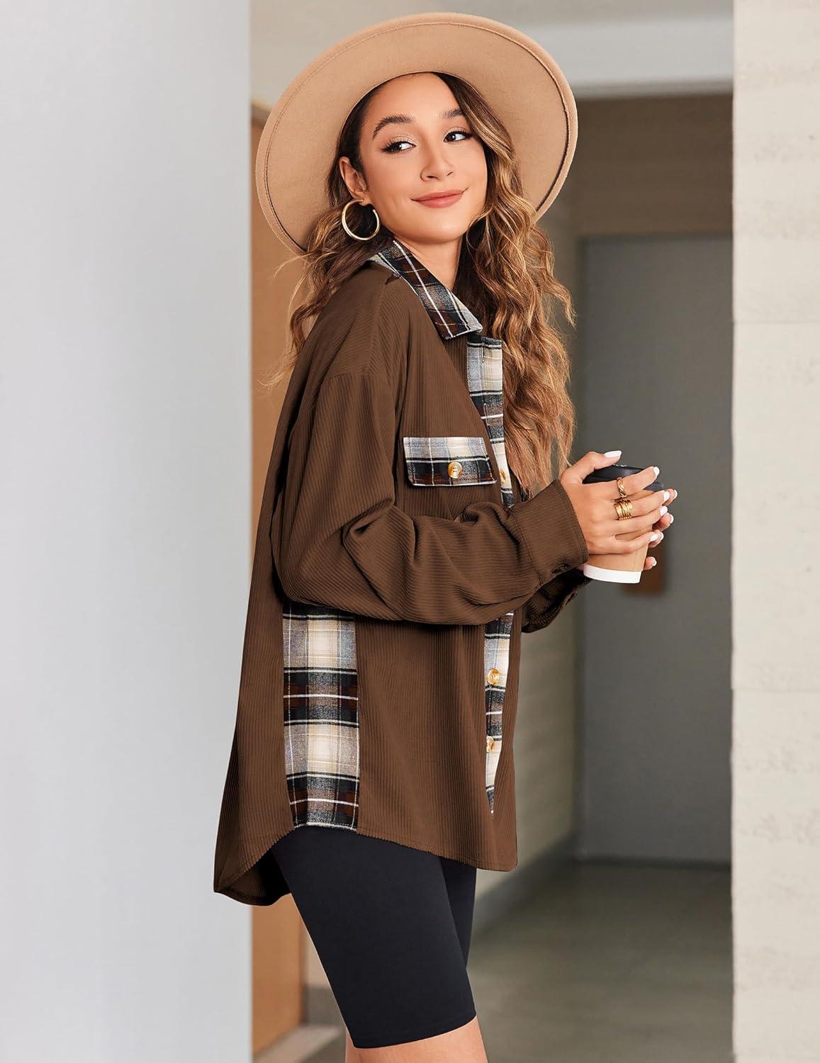 imageZeagoo Womens Corduroy Flannel Shacket Jacket Casual Plaid Button Down Shirts Long Sleeve Fall Tops with Pockets
