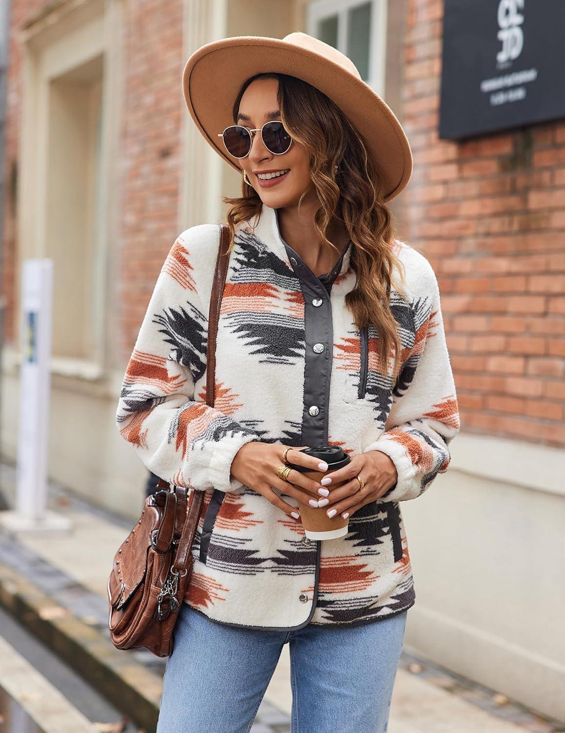 imageZeagoo Womens Cozy Fleece Jacket Western Aztec Print Snap Button Down Coat with Pockets Casual Warm Outwear 2026Apricot