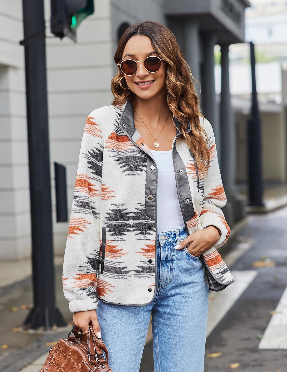 imageZeagoo Womens Cozy Fleece Jacket Western Aztec Print Snap Button Down Coat with Pockets Casual Warm Outwear 2026Apricot