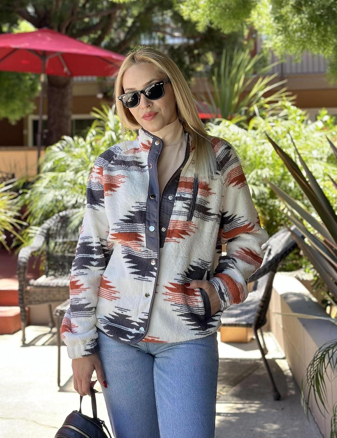 imageZeagoo Womens Cozy Fleece Jacket Western Aztec Print Snap Button Down Coat with Pockets Casual Warm Outwear 2026Apricot
