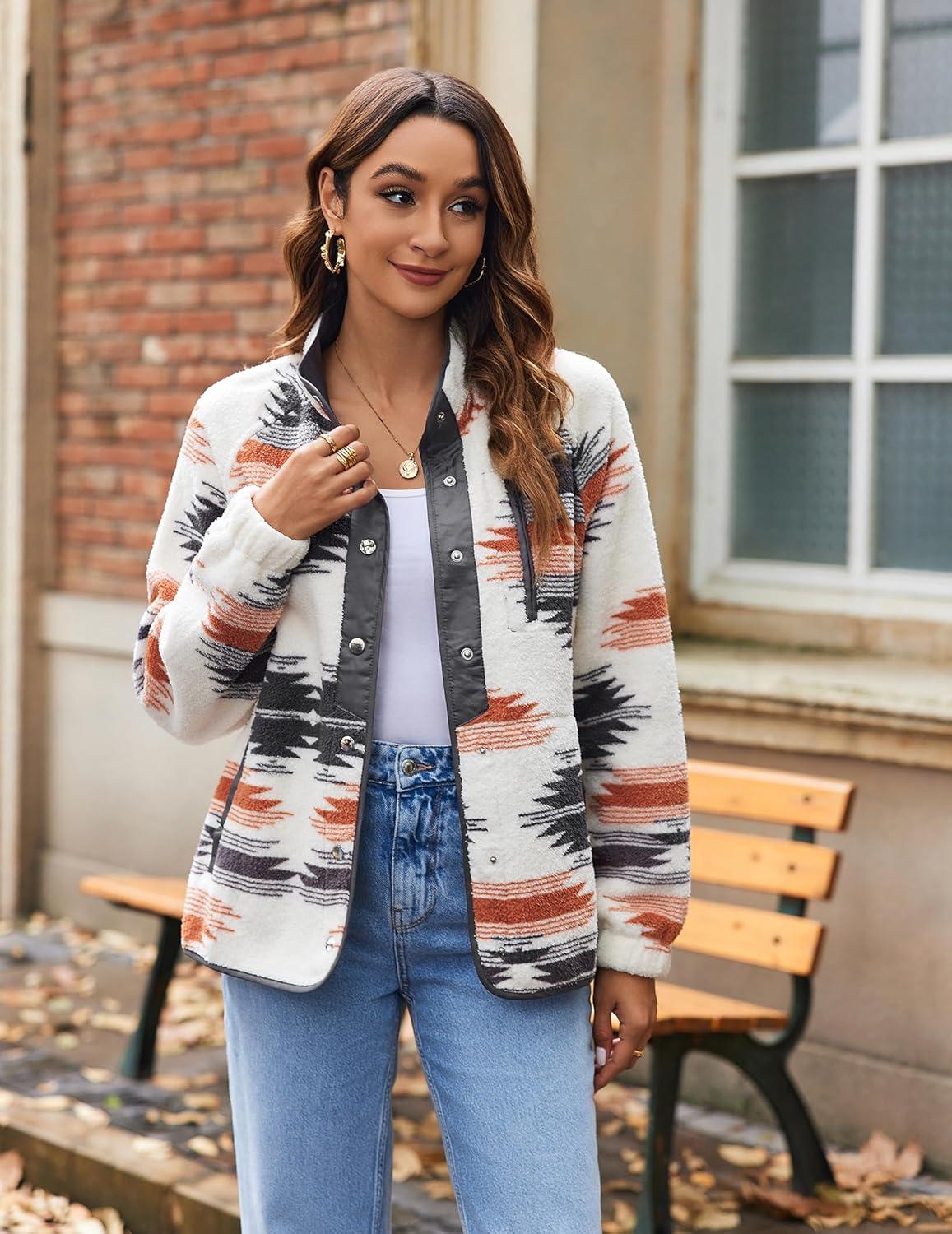 imageZeagoo Womens Cozy Fleece Jacket Western Aztec Print Snap Button Down Coat with Pockets Casual Warm Outwear 2026Apricot