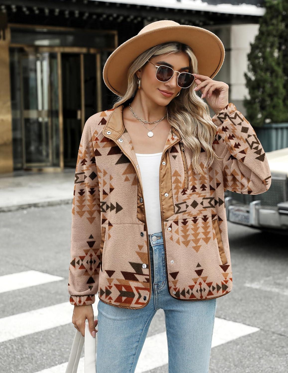 imageZeagoo Womens Cozy Fleece Jacket Western Aztec Print Snap Button Down Coat with Pockets Casual Warm Outwear 2026Apricot Pattern