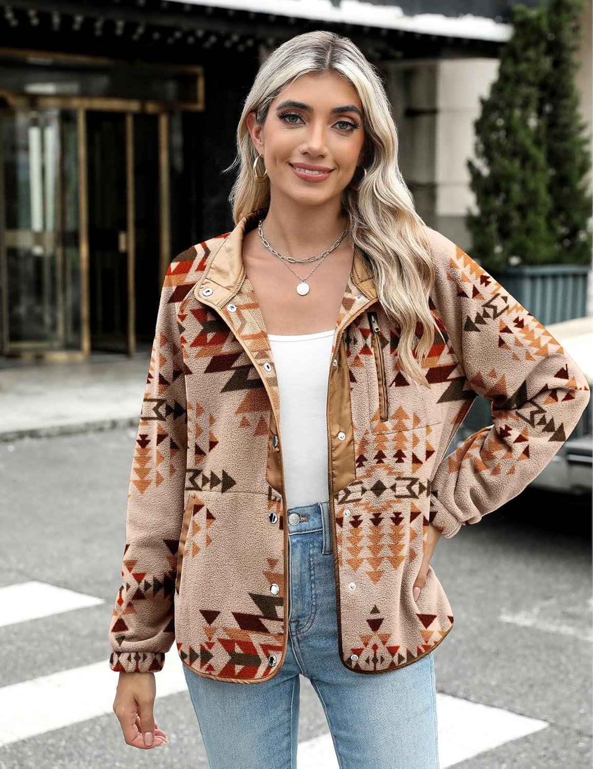 imageZeagoo Womens Cozy Fleece Jacket Western Aztec Print Snap Button Down Coat with Pockets Casual Warm Outwear 2026Apricot Pattern