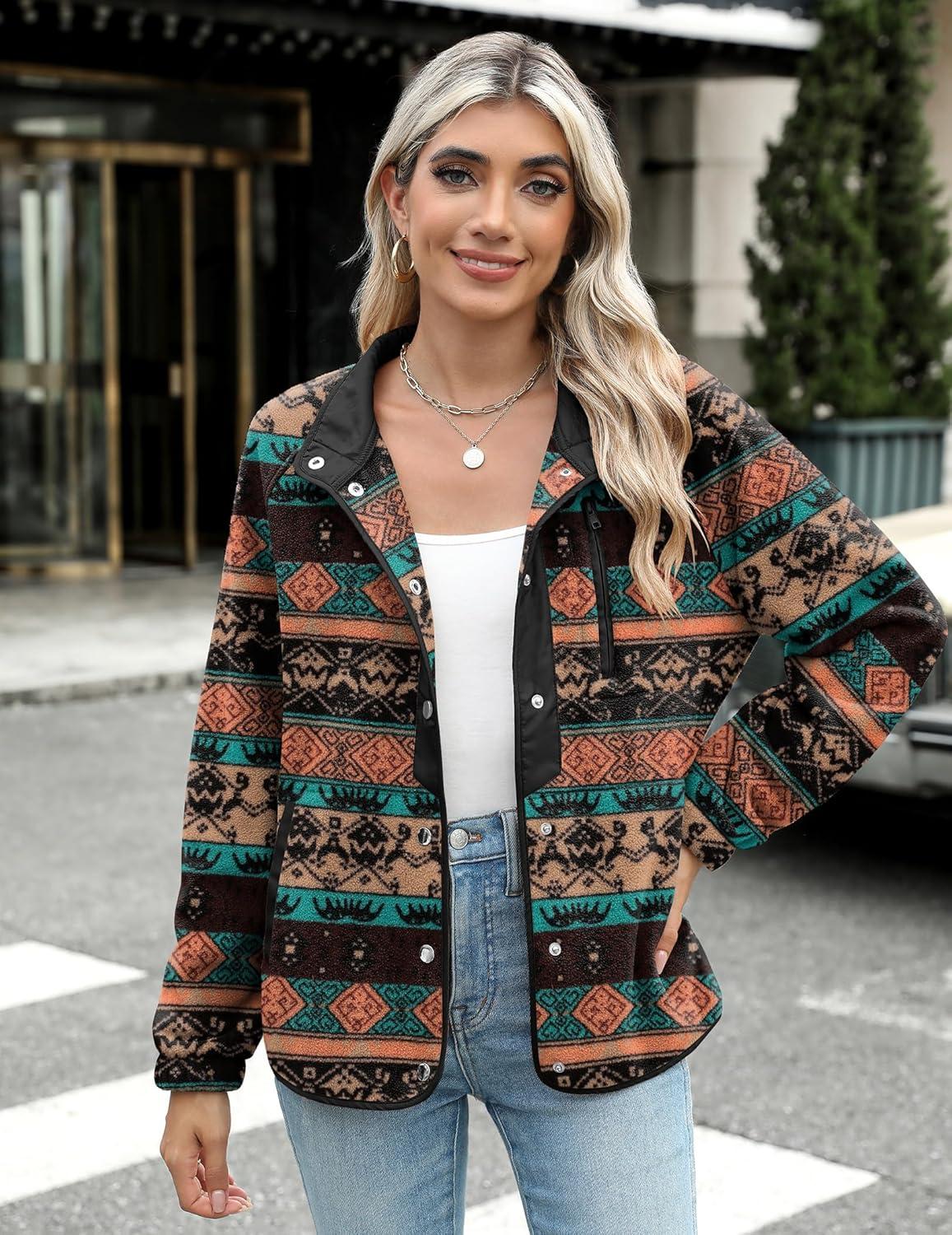 imageZeagoo Womens Cozy Fleece Jacket Western Aztec Print Snap Button Down Coat with Pockets Casual Warm Outwear 2026Black
