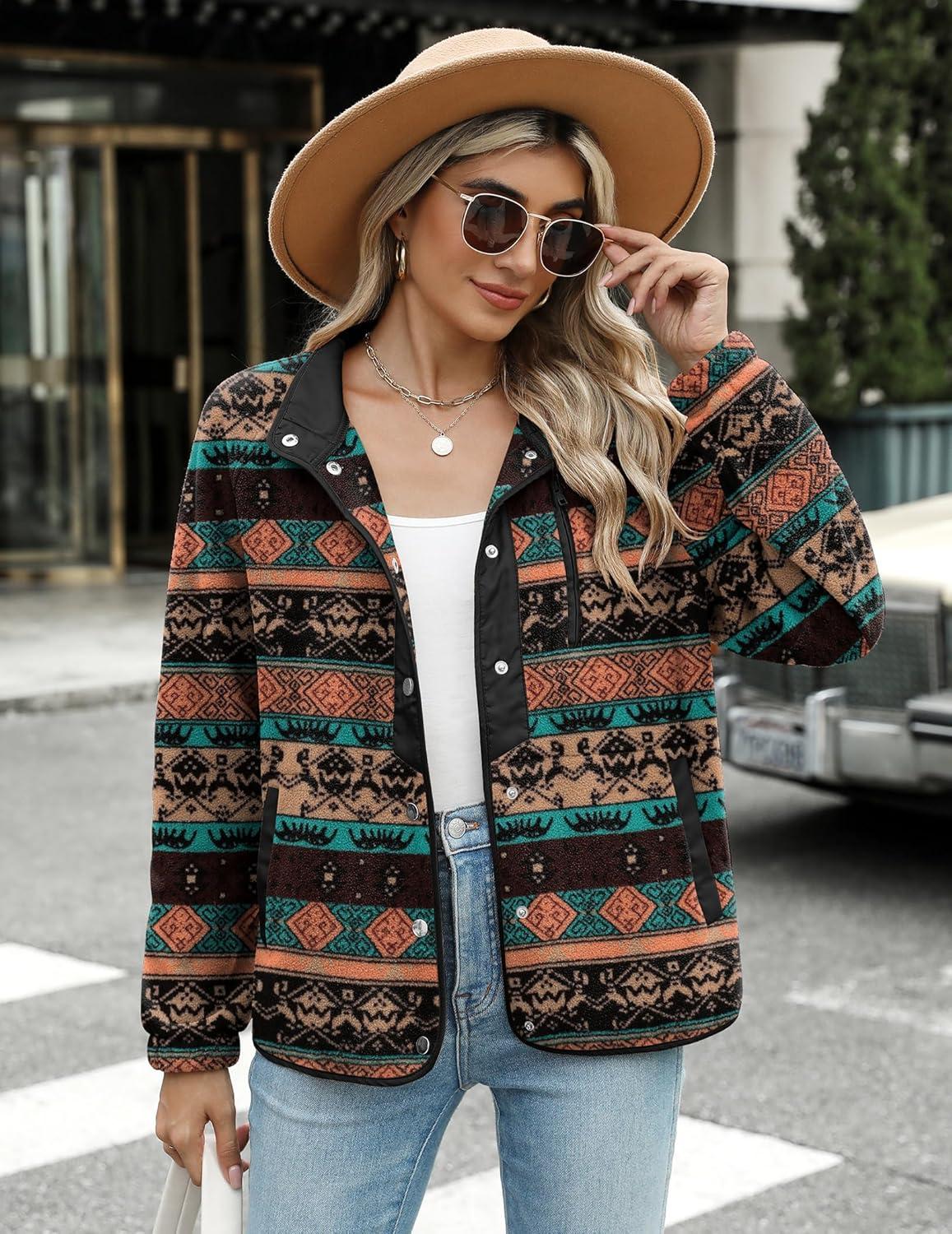 imageZeagoo Womens Cozy Fleece Jacket Western Aztec Print Snap Button Down Coat with Pockets Casual Warm Outwear 2026Black
