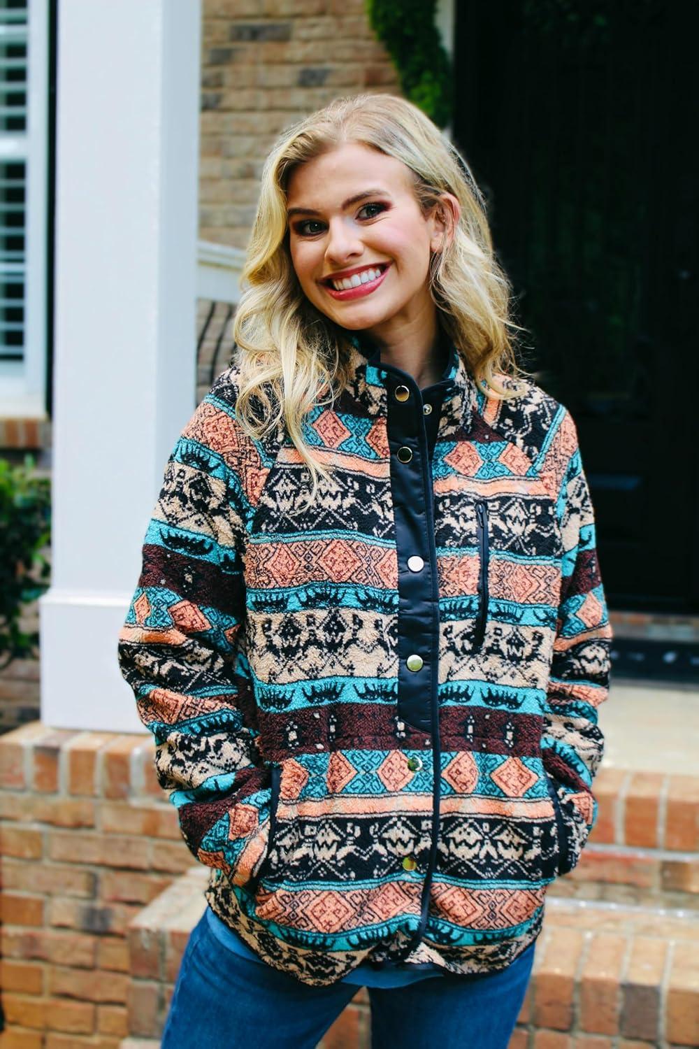 imageZeagoo Womens Cozy Fleece Jacket Western Aztec Print Snap Button Down Coat with Pockets Casual Warm Outwear 2026Black