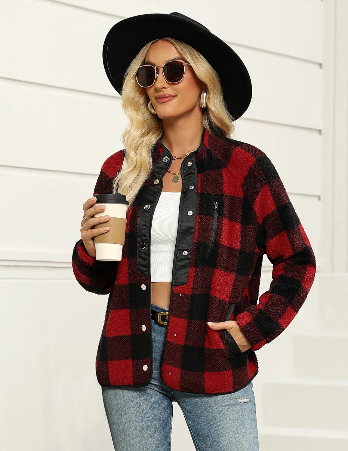 imageZeagoo Womens Cozy Fleece Jacket Western Aztec Print Snap Button Down Coat with Pockets Casual Warm Outwear 2026Black Plaid