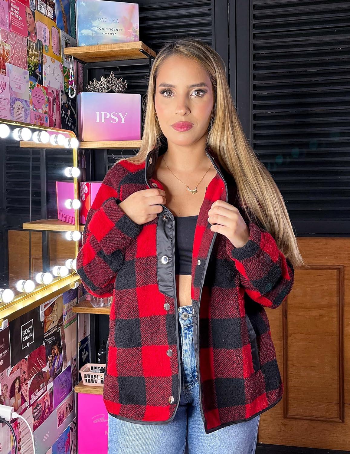 imageZeagoo Womens Cozy Fleece Jacket Western Aztec Print Snap Button Down Coat with Pockets Casual Warm Outwear 2026Black Plaid