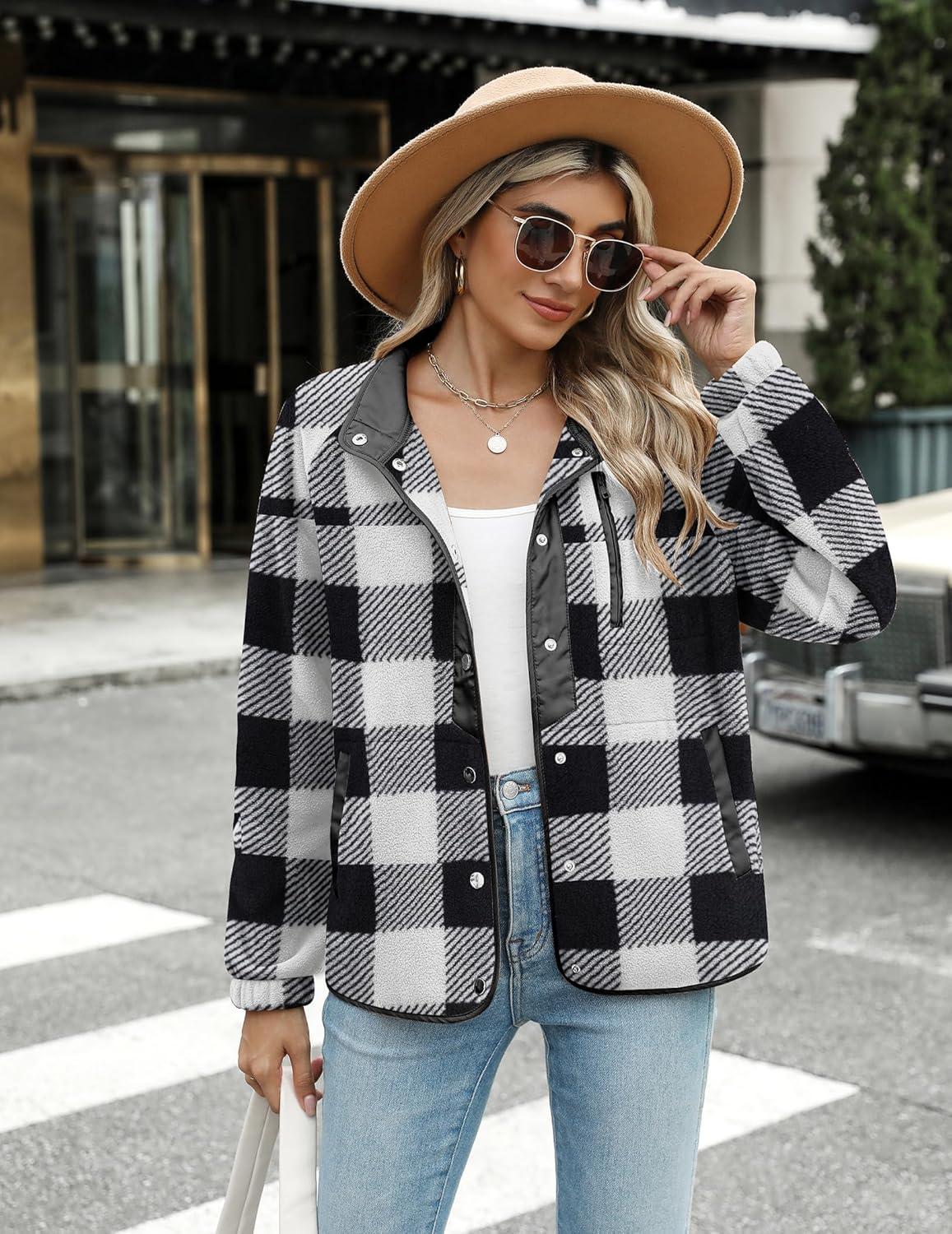 imageZeagoo Womens Cozy Fleece Jacket Western Aztec Print Snap Button Down Coat with Pockets Casual Warm Outwear 2026Black and White