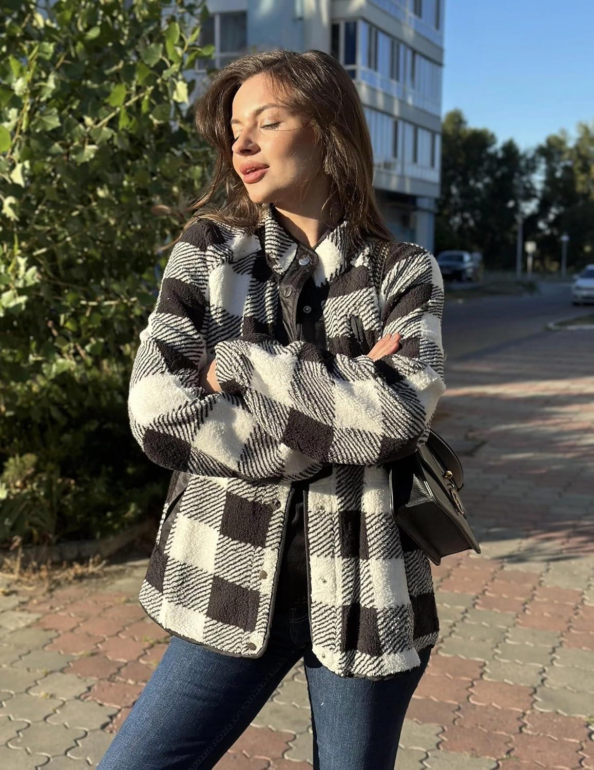 imageZeagoo Womens Cozy Fleece Jacket Western Aztec Print Snap Button Down Coat with Pockets Casual Warm Outwear 2026Black and White