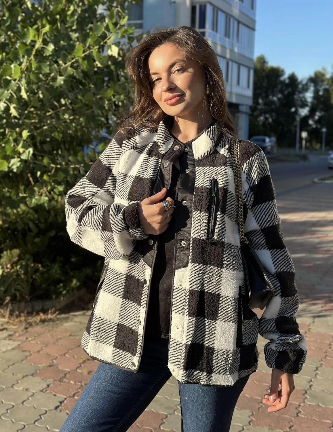 imageZeagoo Womens Cozy Fleece Jacket Western Aztec Print Snap Button Down Coat with Pockets Casual Warm Outwear 2026Black and White
