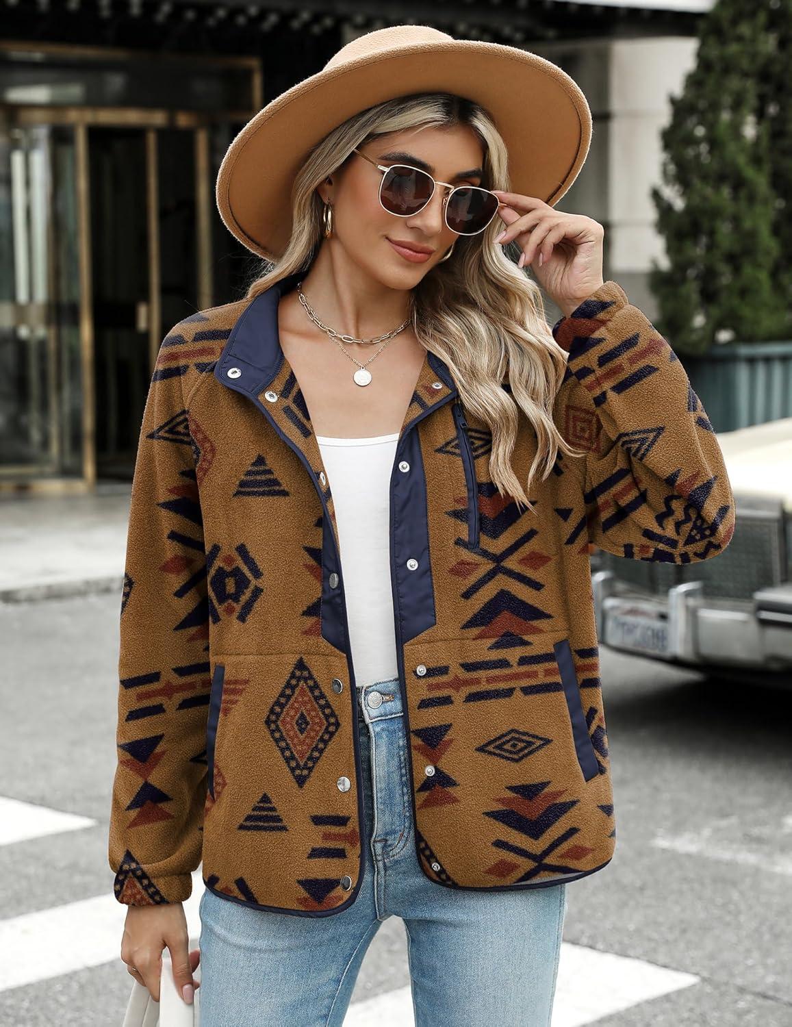 imageZeagoo Womens Cozy Fleece Jacket Western Aztec Print Snap Button Down Coat with Pockets Casual Warm Outwear 2026Brown