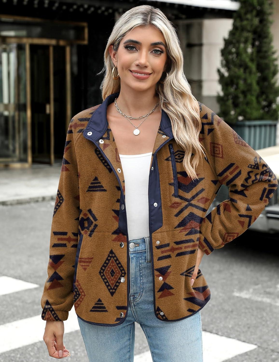 imageZeagoo Womens Cozy Fleece Jacket Western Aztec Print Snap Button Down Coat with Pockets Casual Warm Outwear 2026Brown
