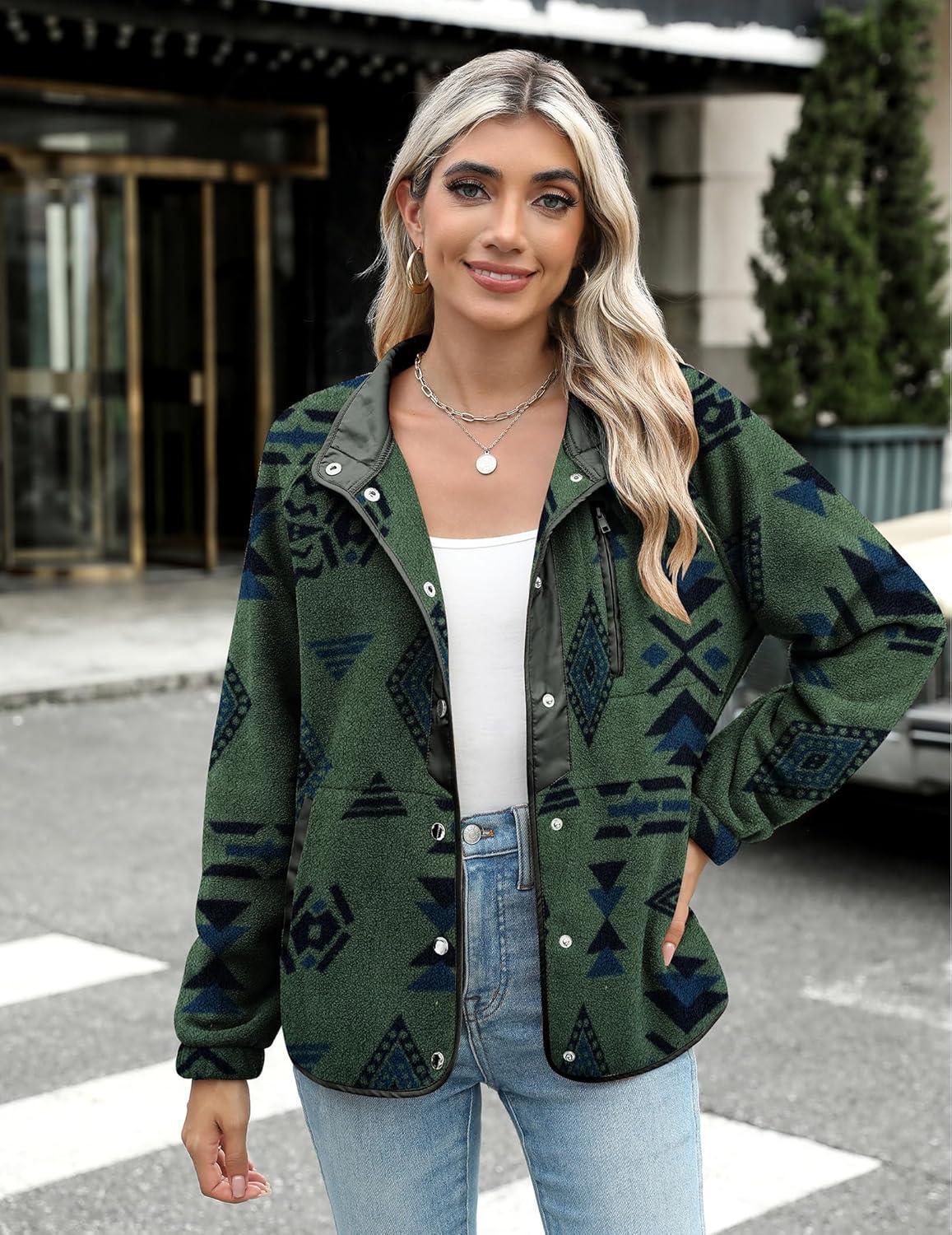 imageZeagoo Womens Cozy Fleece Jacket Western Aztec Print Snap Button Down Coat with Pockets Casual Warm Outwear 2026Dark Green