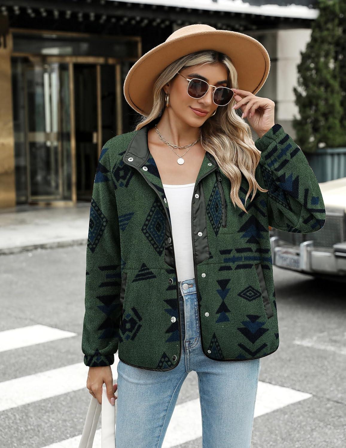 imageZeagoo Womens Cozy Fleece Jacket Western Aztec Print Snap Button Down Coat with Pockets Casual Warm Outwear 2026Dark Green