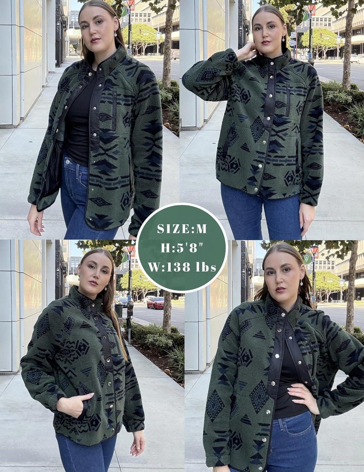 imageZeagoo Womens Cozy Fleece Jacket Western Aztec Print Snap Button Down Coat with Pockets Casual Warm Outwear 2026Dark Green