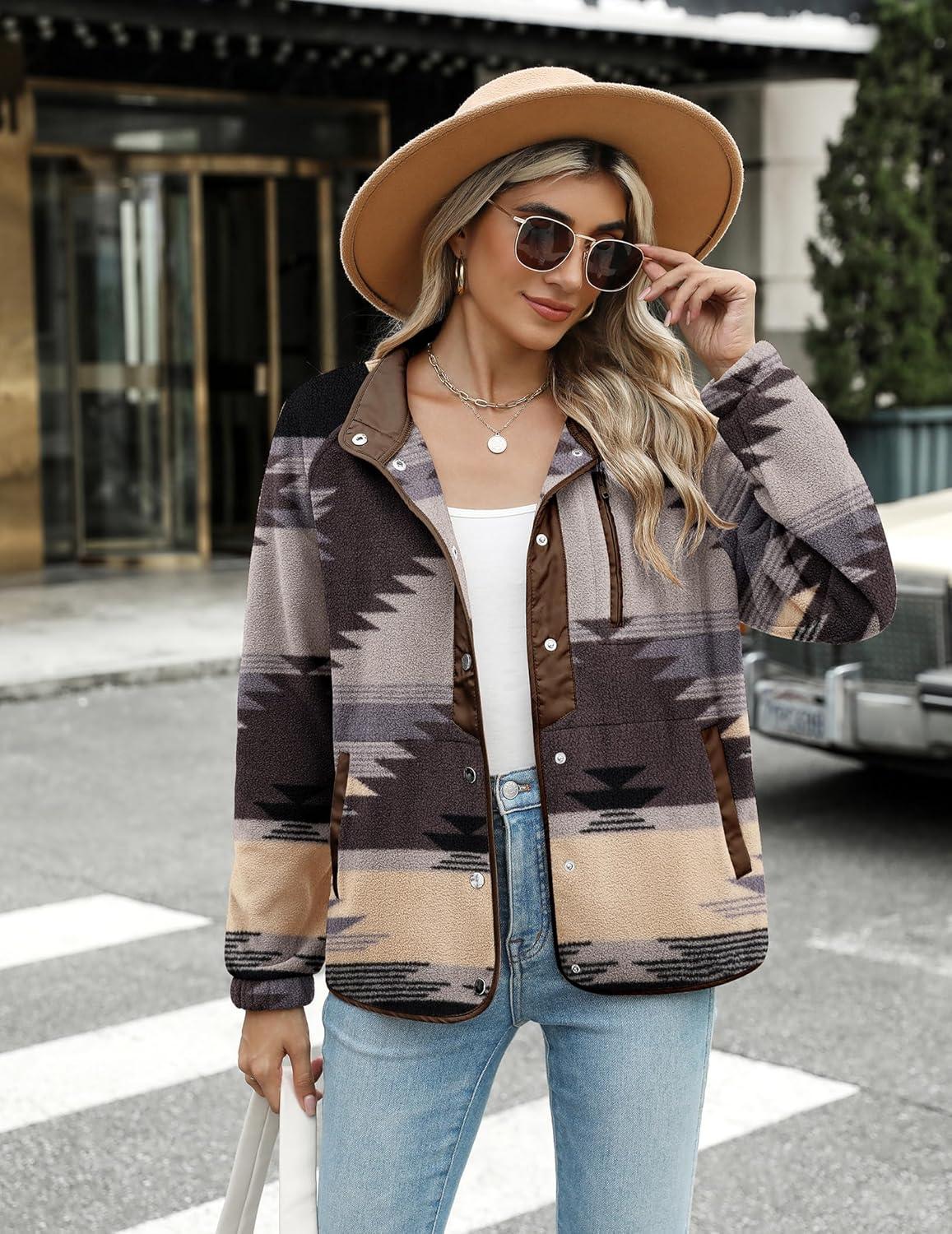 imageZeagoo Womens Cozy Fleece Jacket Western Aztec Print Snap Button Down Coat with Pockets Casual Warm Outwear 2026Gray Pattern