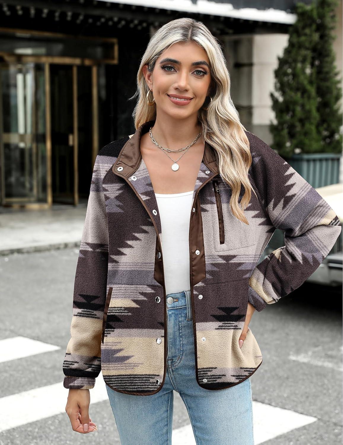 imageZeagoo Womens Cozy Fleece Jacket Western Aztec Print Snap Button Down Coat with Pockets Casual Warm Outwear 2026Gray Pattern