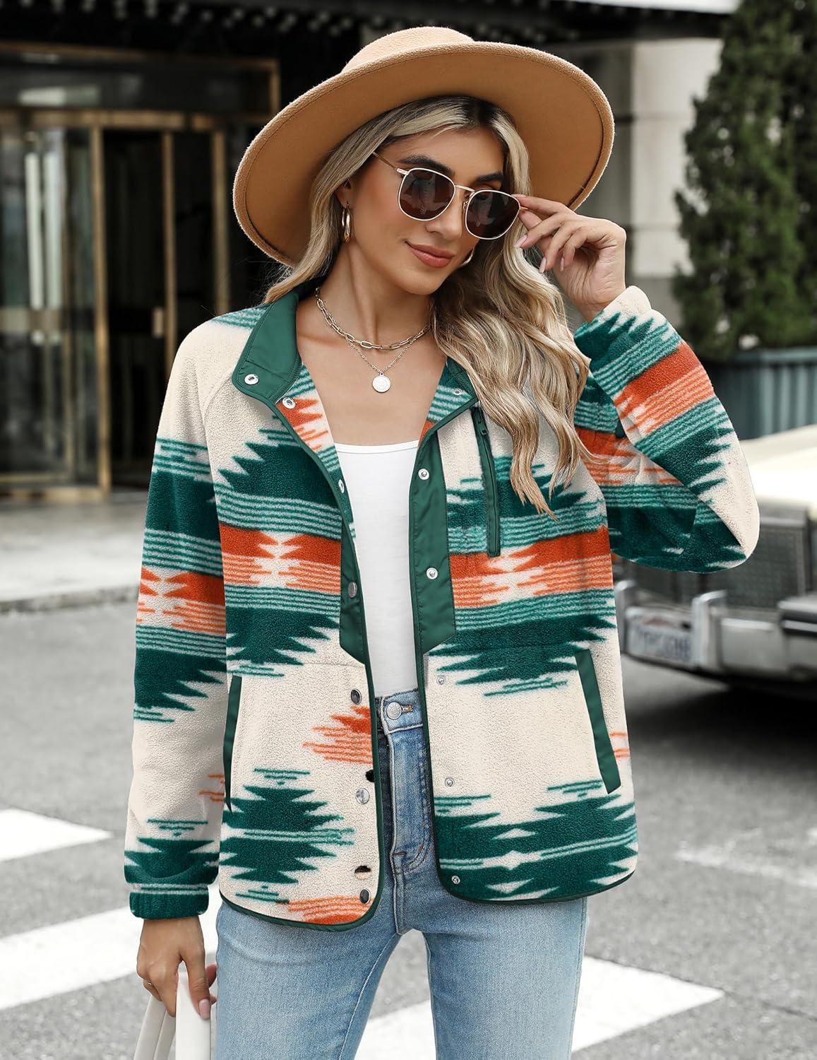 imageZeagoo Womens Cozy Fleece Jacket Western Aztec Print Snap Button Down Coat with Pockets Casual Warm Outwear 2026Green