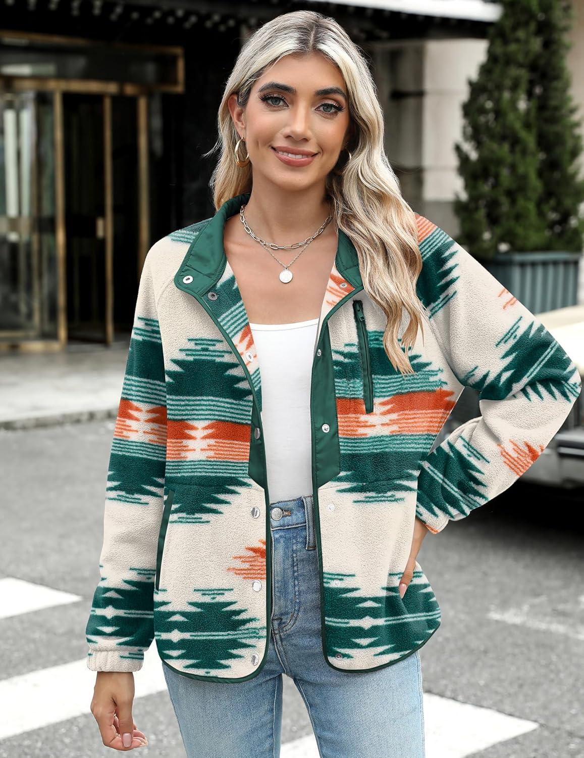 imageZeagoo Womens Cozy Fleece Jacket Western Aztec Print Snap Button Down Coat with Pockets Casual Warm Outwear 2026Green
