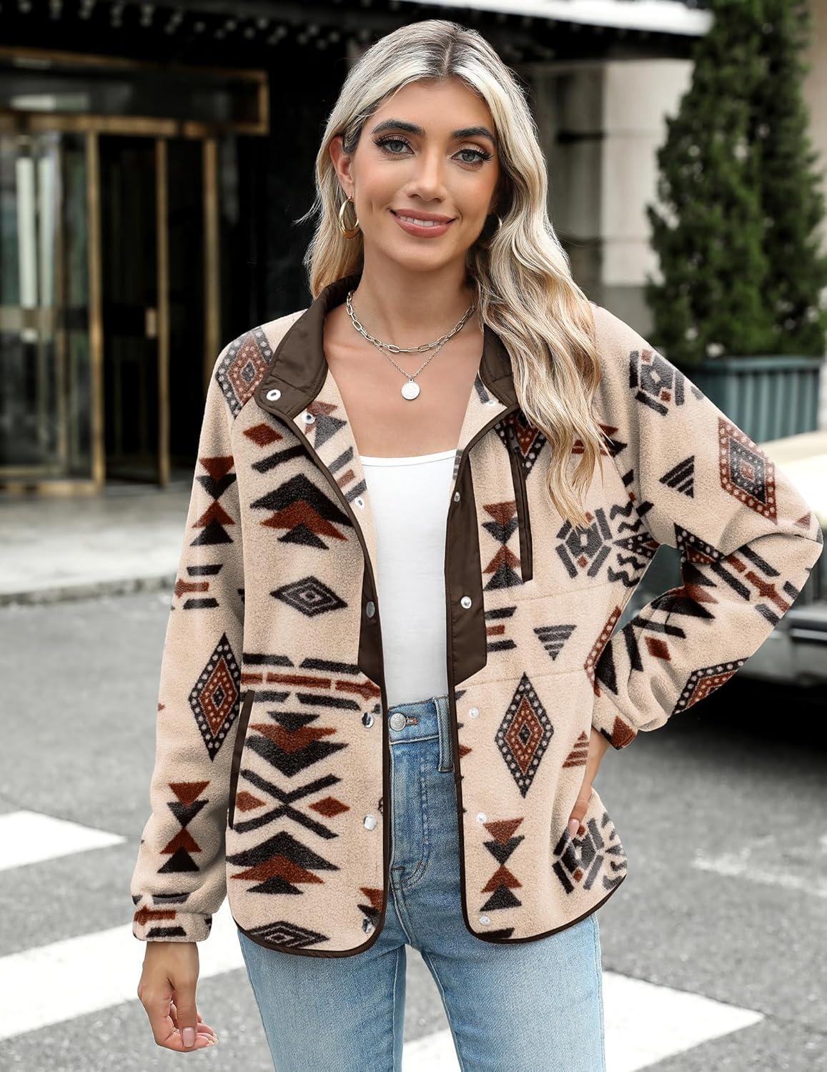 imageZeagoo Womens Cozy Fleece Jacket Western Aztec Print Snap Button Down Coat with Pockets Casual Warm Outwear 2026Khaki