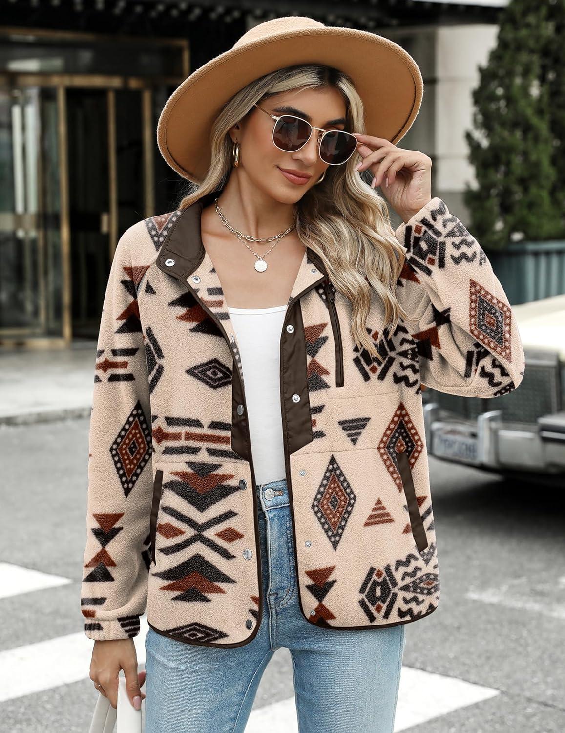 imageZeagoo Womens Cozy Fleece Jacket Western Aztec Print Snap Button Down Coat with Pockets Casual Warm Outwear 2026Khaki