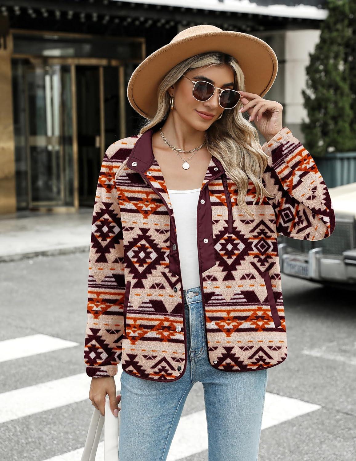 imageZeagoo Womens Cozy Fleece Jacket Western Aztec Print Snap Button Down Coat with Pockets Casual Warm Outwear 2026Khaki Pattern
