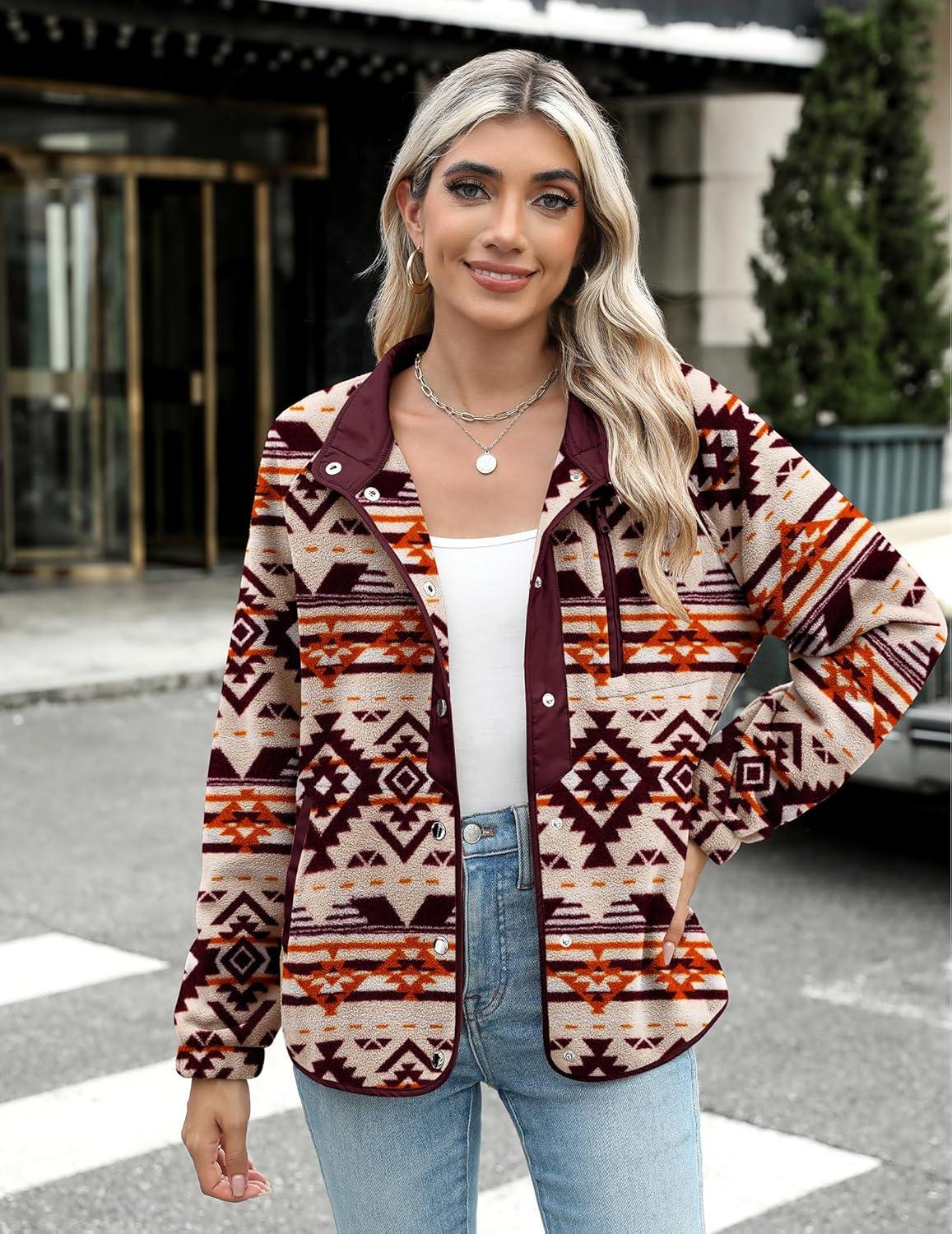 imageZeagoo Womens Cozy Fleece Jacket Western Aztec Print Snap Button Down Coat with Pockets Casual Warm Outwear 2026Khaki Pattern